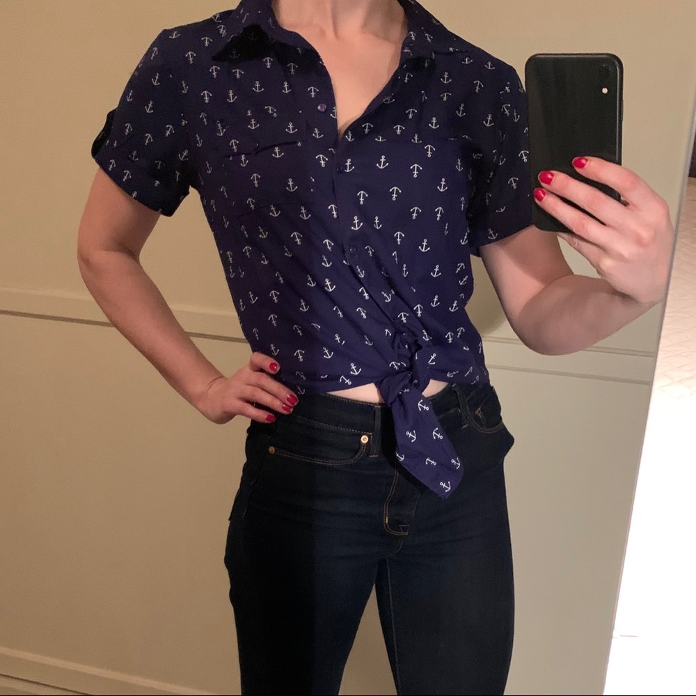 Pinup style navy blue shirt sleeve blouse